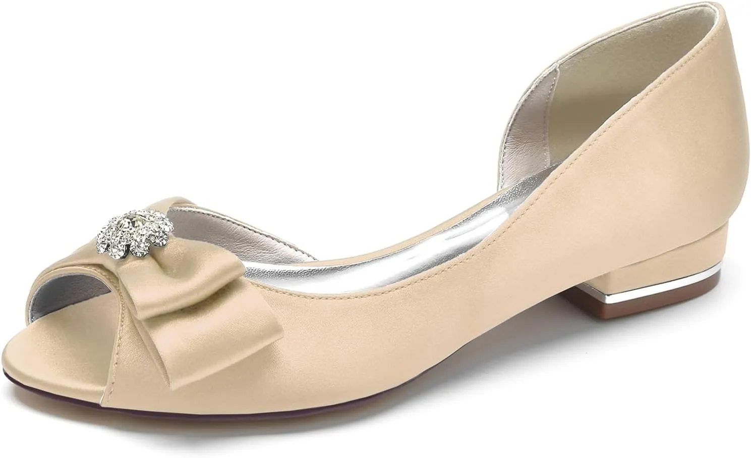 Women's Peep Toe Flat Pumps Satin Rhinestone Wedding Dress Shoes Evening Party Comfort Bridal Flats Slip-on Sandals