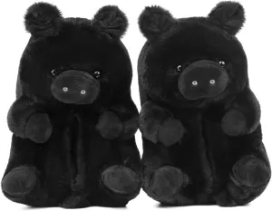 Women's Pig Slippers Black Fuzzy Slippers Indoor Cute House Shoes for Women Ladies Teen Girls Fluffy Funny Bedroom Animal Slides for Women Birthday Valentine's Gifts Ideas