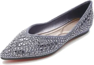 Women's Pointed Rhinestone Flat Shoes Glitter Flowers Wedding Comfortable Dress Shoes