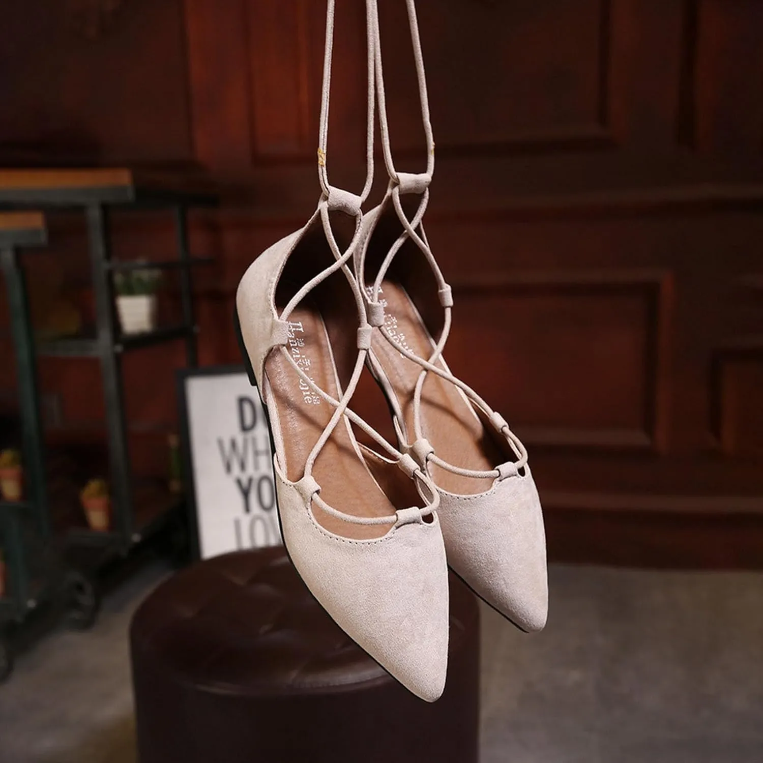 Women's Pointy Toe Ballet Flats Cross Strap Wrap Ballerina Shoes Faux Suede Lace Up Closed-Toe Flat Strappy Sandals