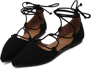 Women's Pointy Toe Ballet Flats Cross Strap Wrap Ballerina Shoes Faux Suede Lace Up Closed-Toe Flat Strappy Sandals