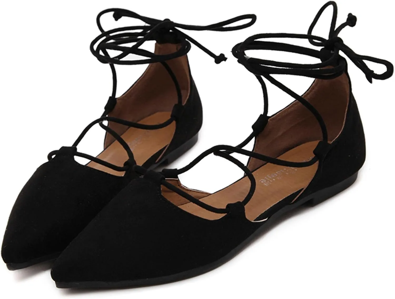 Women's Pointy Toe Ballet Flats Cross Strap Wrap Ballerina Shoes Faux Suede Lace Up Closed-Toe Flat Strappy Sandals