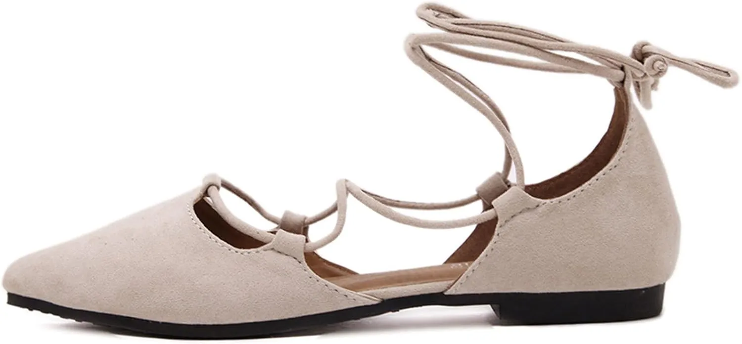 Women's Pointy Toe Ballet Flats Cross Strap Wrap Ballerina Shoes Faux Suede Lace Up Closed-Toe Flat Strappy Sandals