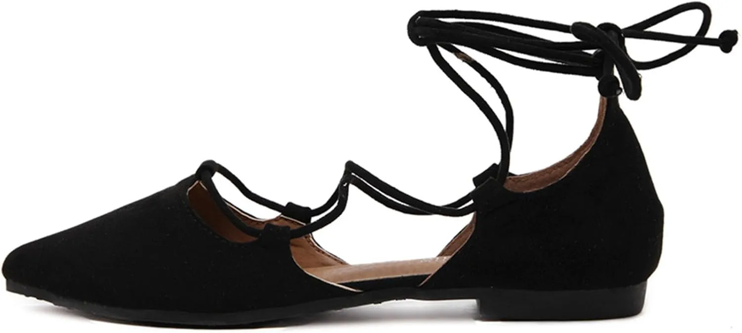 Women's Pointy Toe Ballet Flats Cross Strap Wrap Ballerina Shoes Faux Suede Lace Up Closed-Toe Flat Strappy Sandals