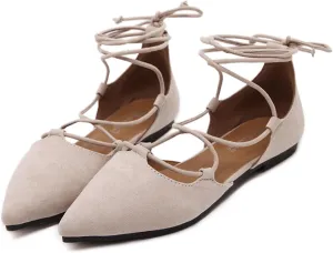 Women's Pointy Toe Ballet Flats Cross Strap Wrap Ballerina Shoes Faux Suede Lace Up Closed-Toe Flat Strappy Sandals