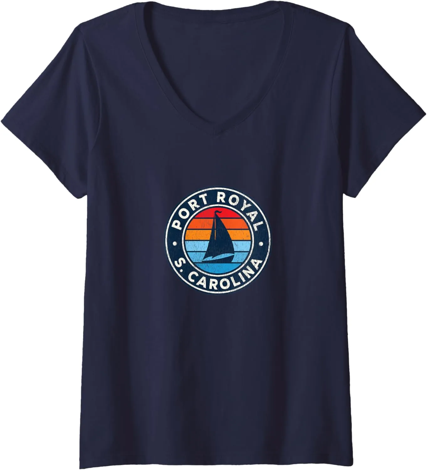 Womens Port Royal South Carolina SC Vintage Sailboat Retro 70s V-Neck T-Shirt