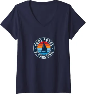 Womens Port Royal South Carolina SC Vintage Sailboat Retro 70s V-Neck T-Shirt