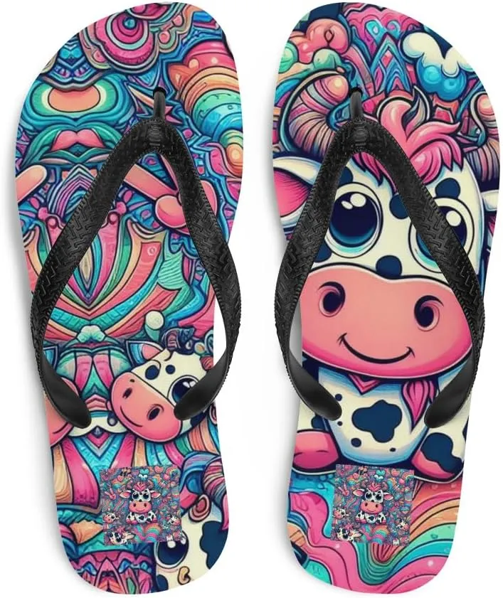 Women's Psychedelic Cute Colorful Cow Print Luxe Flip-Flops For Beach or Pool