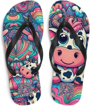 Women's Psychedelic Cute Colorful Cow Print Luxe Flip-Flops For Beach or Pool