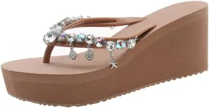 Women's Rhinestone Platform Flip Flops Boho Sparkly Wedge Thong Sandals Trendy Outdoor Slippers Summer Beach Slide Sandals