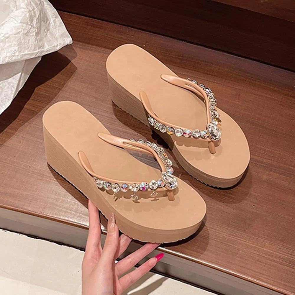 Women's Rhinestone Platform Flip Flops Boho Sparkly Wedge Thong Sandals Trendy Outdoor Slippers Summer Beach Slide Sandals
