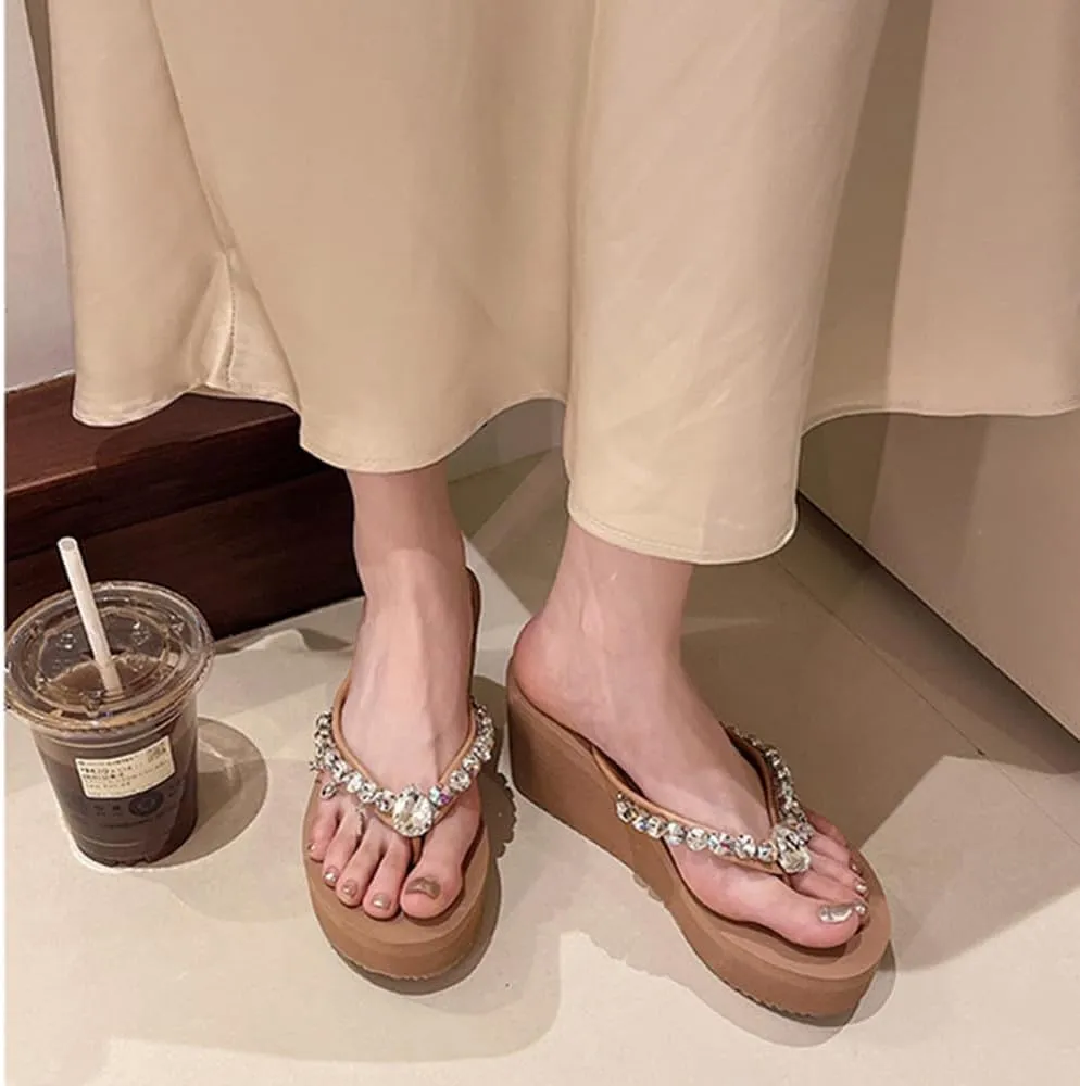 Women's Rhinestone Platform Flip Flops Boho Sparkly Wedge Thong Sandals Trendy Outdoor Slippers Summer Beach Slide Sandals