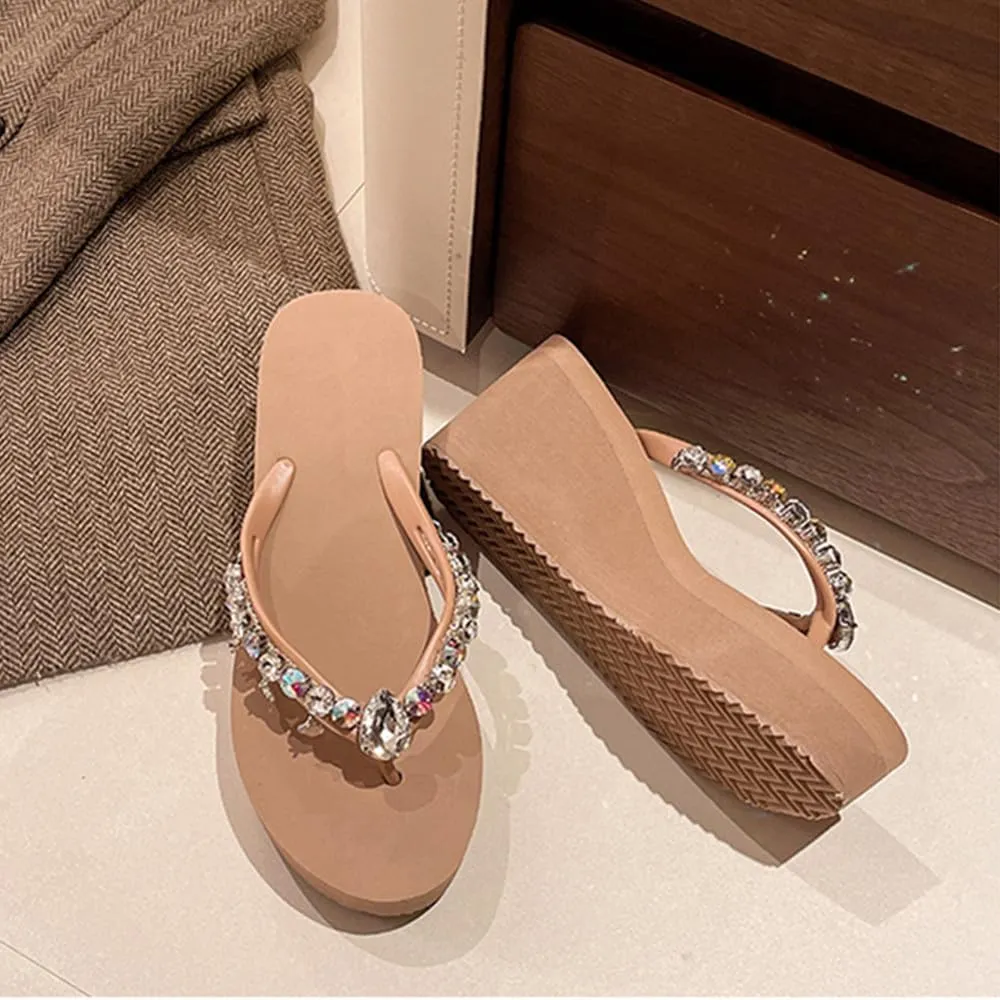 Women's Rhinestone Platform Flip Flops Boho Sparkly Wedge Thong Sandals Trendy Outdoor Slippers Summer Beach Slide Sandals