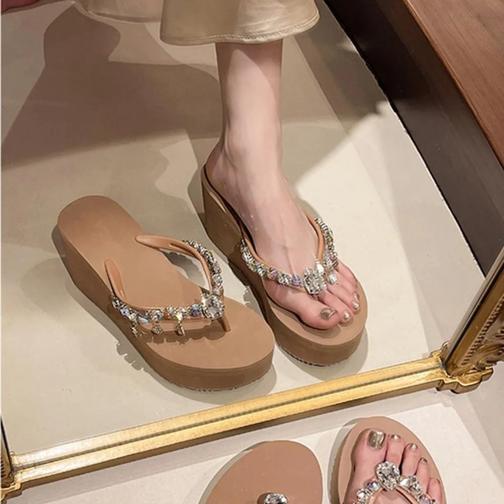 Women's Rhinestone Platform Flip Flops Boho Sparkly Wedge Thong Sandals Trendy Outdoor Slippers Summer Beach Slide Sandals