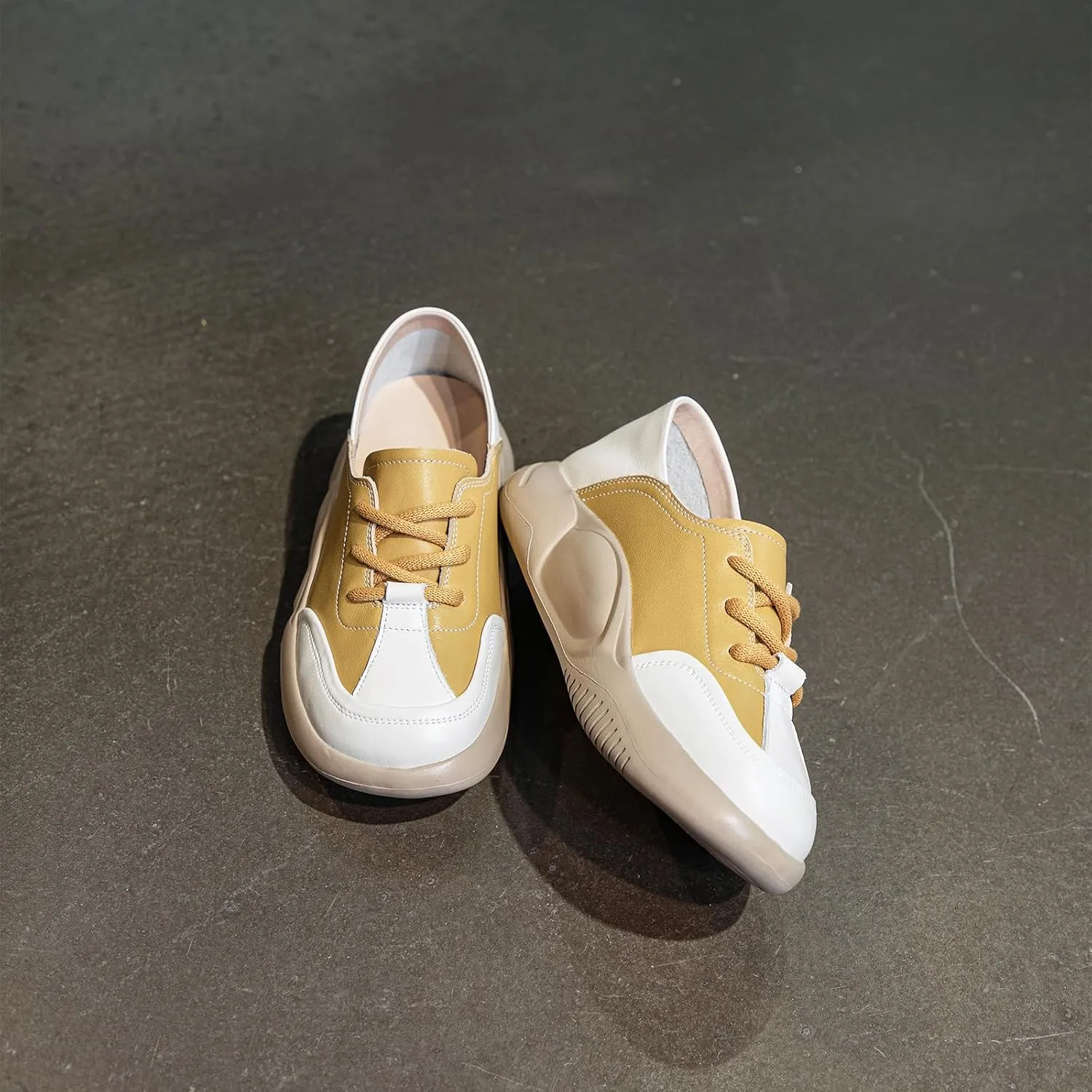 Womens Soft Cowhide Platform Lace Up Sneakers Comfortable Slip-On Round Toe Low Top Lightweight Walking Shoes Fashion Casual Non-Slip Wear-Resistant Lncrease Tennis Shoes