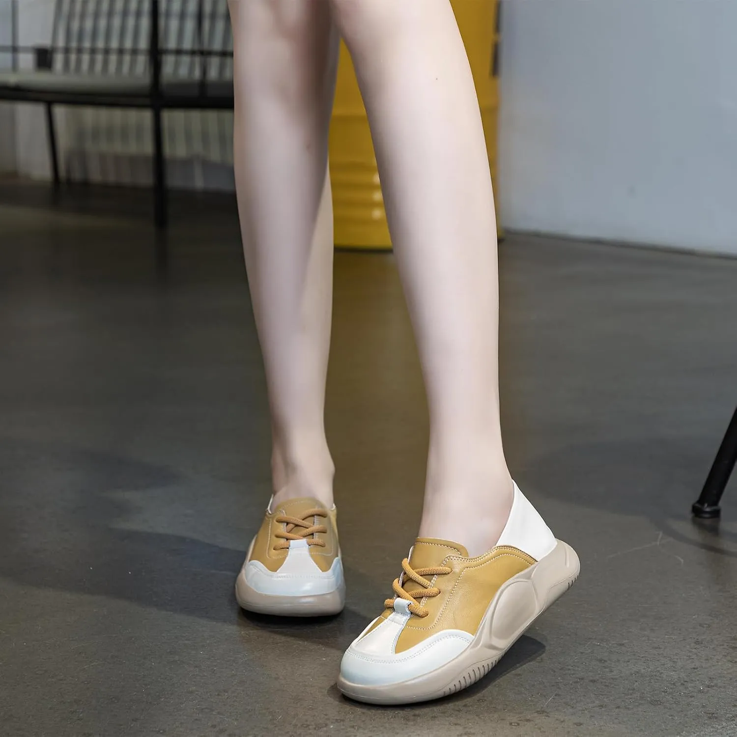 Womens Soft Cowhide Platform Lace Up Sneakers Comfortable Slip-On Round Toe Low Top Lightweight Walking Shoes Fashion Casual Non-Slip Wear-Resistant Lncrease Tennis Shoes