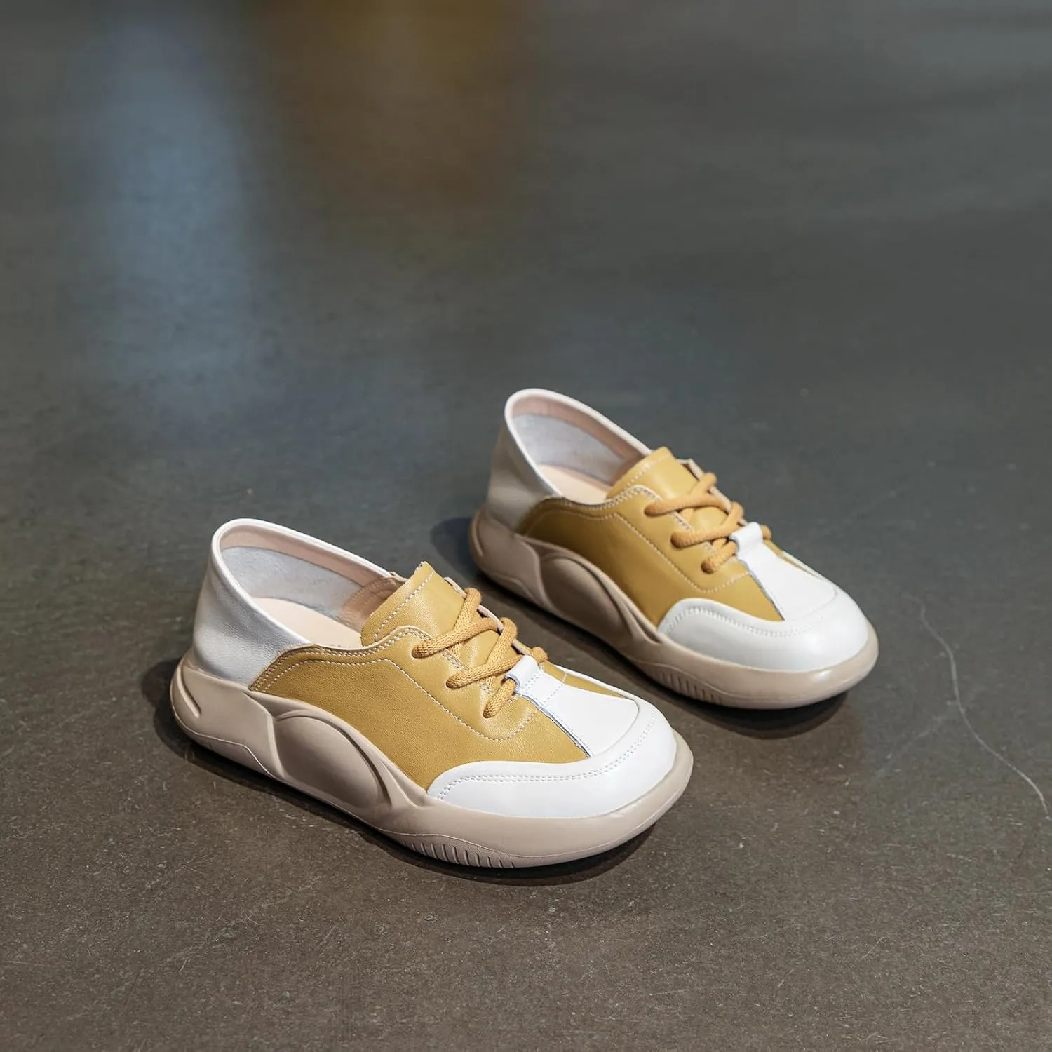 Womens Soft Cowhide Platform Lace Up Sneakers Comfortable Slip-On Round Toe Low Top Lightweight Walking Shoes Fashion Casual Non-Slip Wear-Resistant Lncrease Tennis Shoes