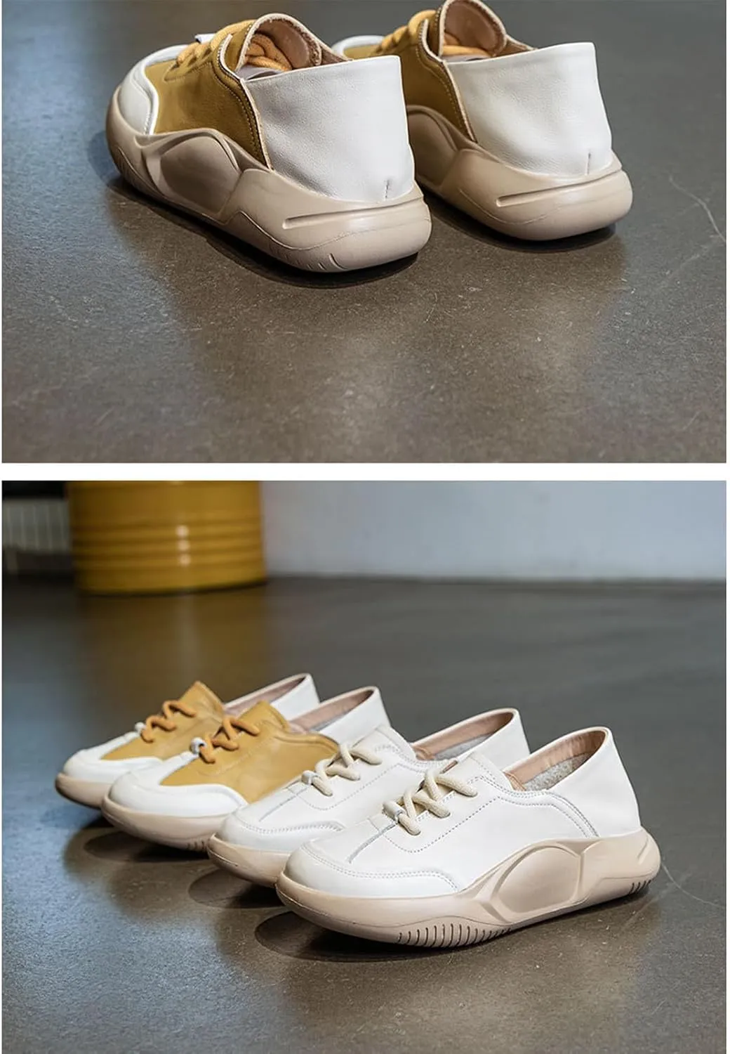 Womens Soft Cowhide Platform Lace Up Sneakers Comfortable Slip-On Round Toe Low Top Lightweight Walking Shoes Fashion Casual Non-Slip Wear-Resistant Lncrease Tennis Shoes