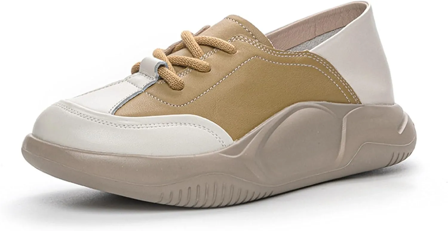Womens Soft Cowhide Platform Lace Up Sneakers Comfortable Slip-On Round Toe Low Top Lightweight Walking Shoes Fashion Casual Non-Slip Wear-Resistant Lncrease Tennis Shoes