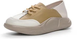 Womens Soft Cowhide Platform Lace Up Sneakers Comfortable Slip-On Round Toe Low Top Lightweight Walking Shoes Fashion Casual Non-Slip Wear-Resistant Lncrease Tennis Shoes