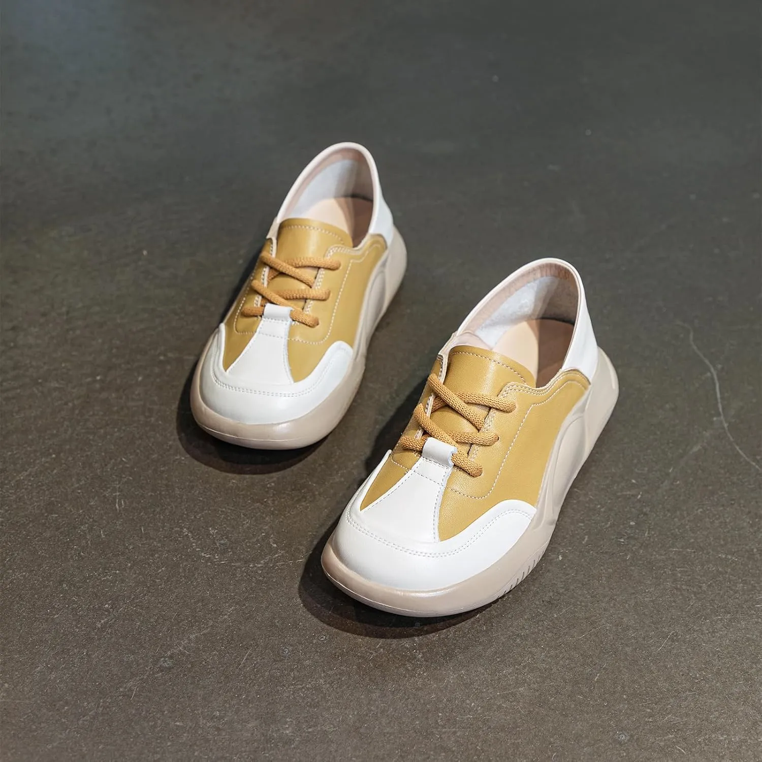 Womens Soft Cowhide Platform Lace Up Sneakers Comfortable Slip-On Round Toe Low Top Lightweight Walking Shoes Fashion Casual Non-Slip Wear-Resistant Lncrease Tennis Shoes