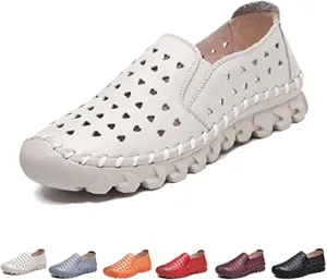 Women's Soft Leather Ortho 4D Pain Relief Loafers,Hollow Slip-on Flat Orthopedic Sneakers,Fashion Breathable Hand-Stitching Non-Slip Mom Comfort Walking Shoes