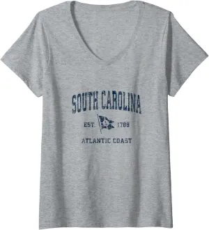 Womens South Carolina SC Vintage Sports Navy Boat Anchor Flag V-Neck T-Shirt