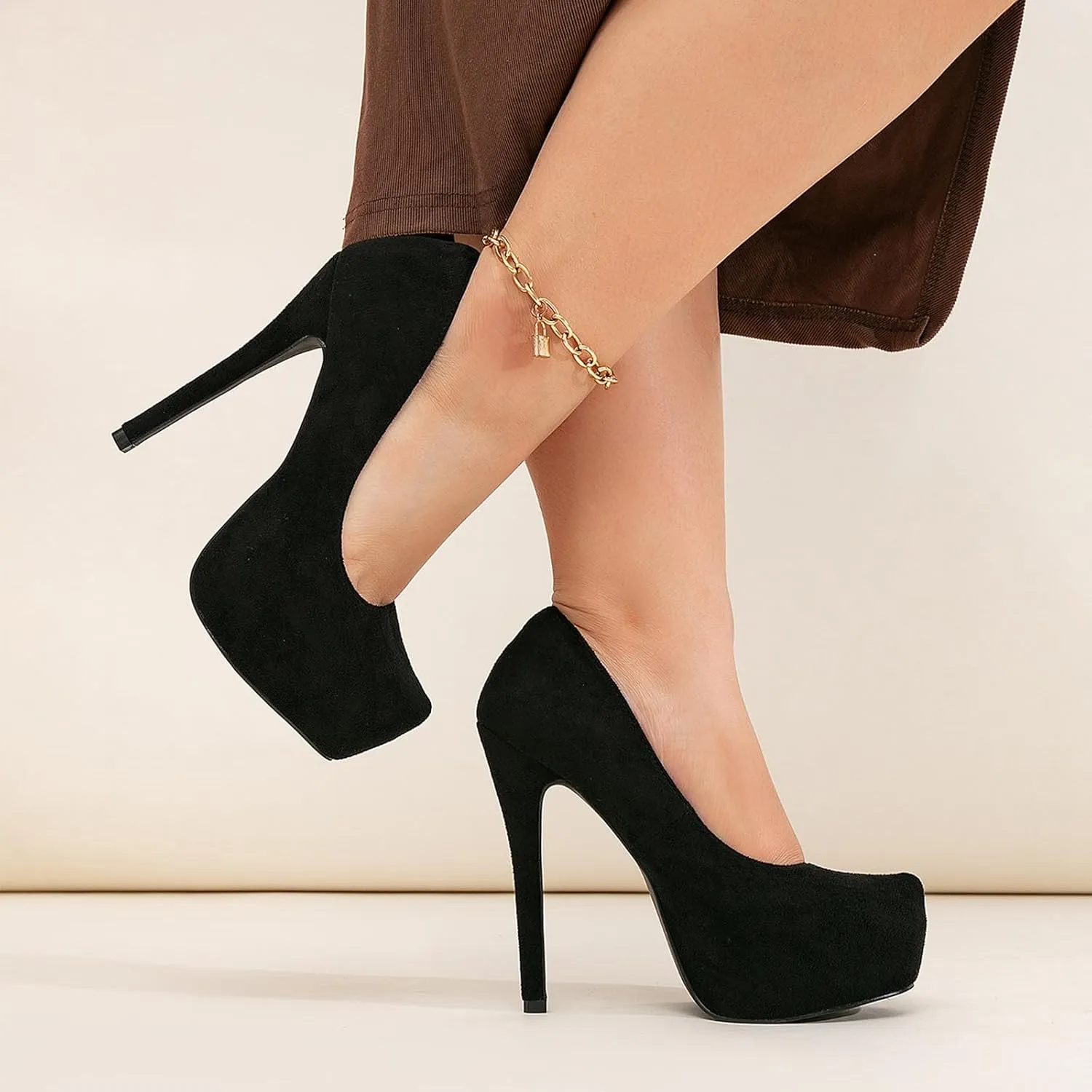 Women's Suede Stiletto Round Toe Platform Sexy Party Pumps Slip On Fashion 5.43 in Slip On Super High Heel Prom Wedding Dress Shoes