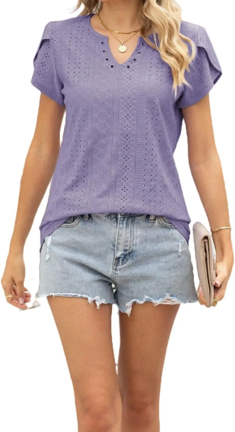 Women's Summer Tee Spring Fashion Short Sleeve Roll Up Loose Fit Shirts Casual T Shirts V Neck Tshirts Tunic Tops