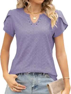 Women's Summer Tee Spring Fashion Short Sleeve Roll Up Loose Fit Shirts Casual T Shirts V Neck Tshirts Tunic Tops