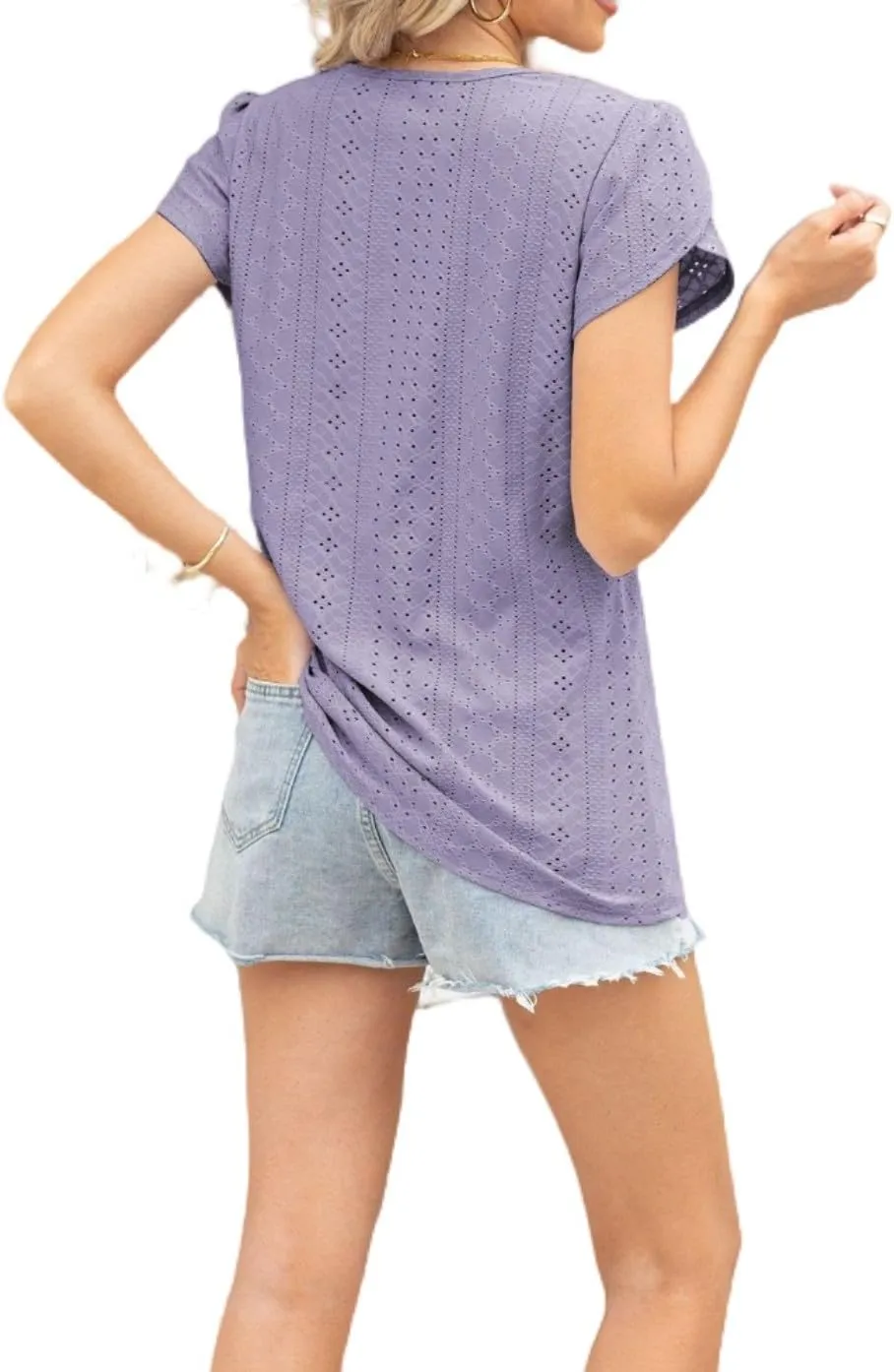 Women's Summer Tee Spring Fashion Short Sleeve Roll Up Loose Fit Shirts Casual T Shirts V Neck Tshirts Tunic Tops