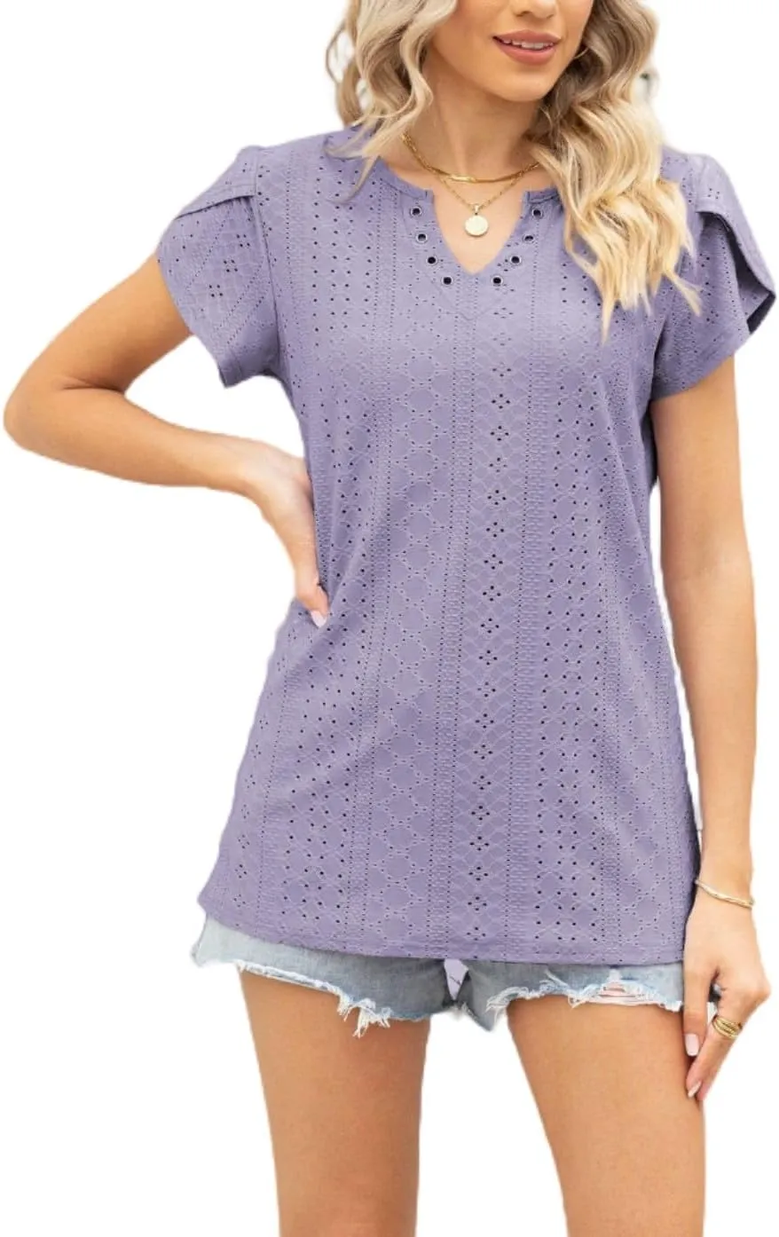 Women's Summer Tee Spring Fashion Short Sleeve Roll Up Loose Fit Shirts Casual T Shirts V Neck Tshirts Tunic Tops