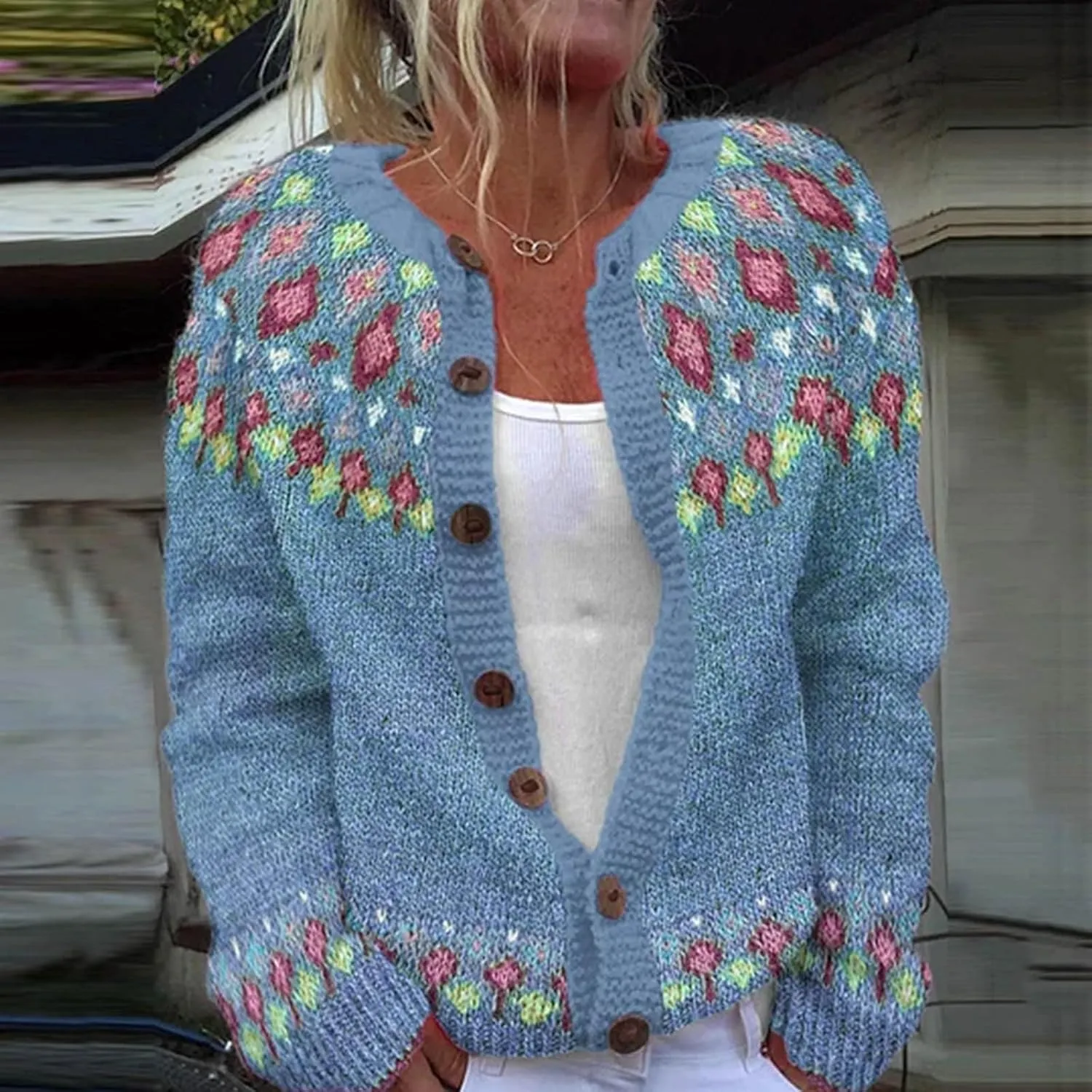 Women's Vintage Fair Isle Sweater Vintage Long Sleeve Boat Neck Retro Lightweight Cardigan Top for Fall Winter
