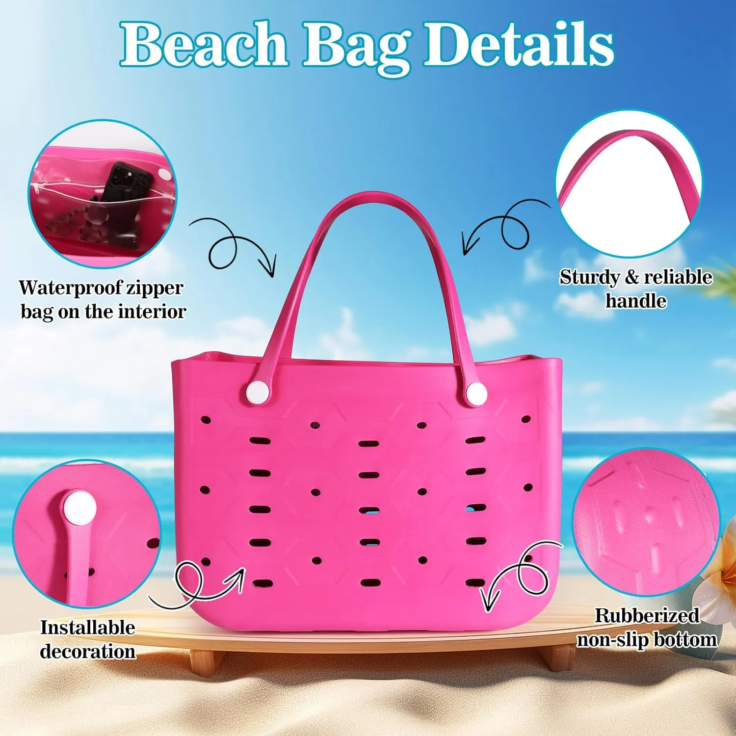 X-Large Rubber Beach Tote for Men & Women, Large Capacity Travel Bag for Boat & Pool