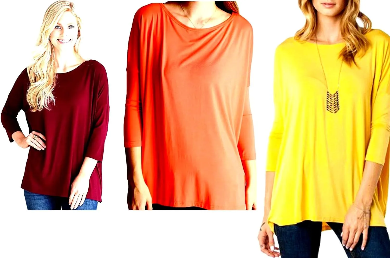 X3 Piece David Collection TOP 3/4 Sleeve Casual Oversized of Shoulder Womens Boat Neck T-Shirt