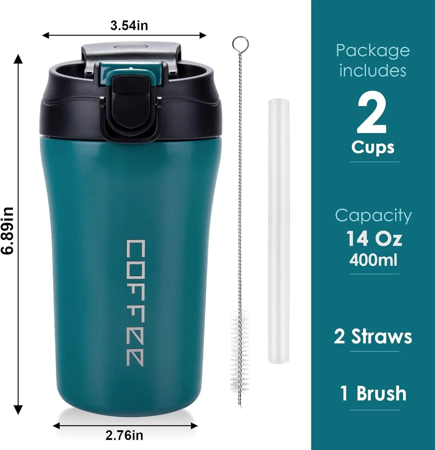 XPIY 14 oz Travel Coffee Mug, 2 Pack Vacuum Insulated Coffee Travel Mug Spill Proof with Lid and Straw, Stainless Steel Reusable Coffee Tumbler for Hot and Cold Drinks, Gift for Men and Women