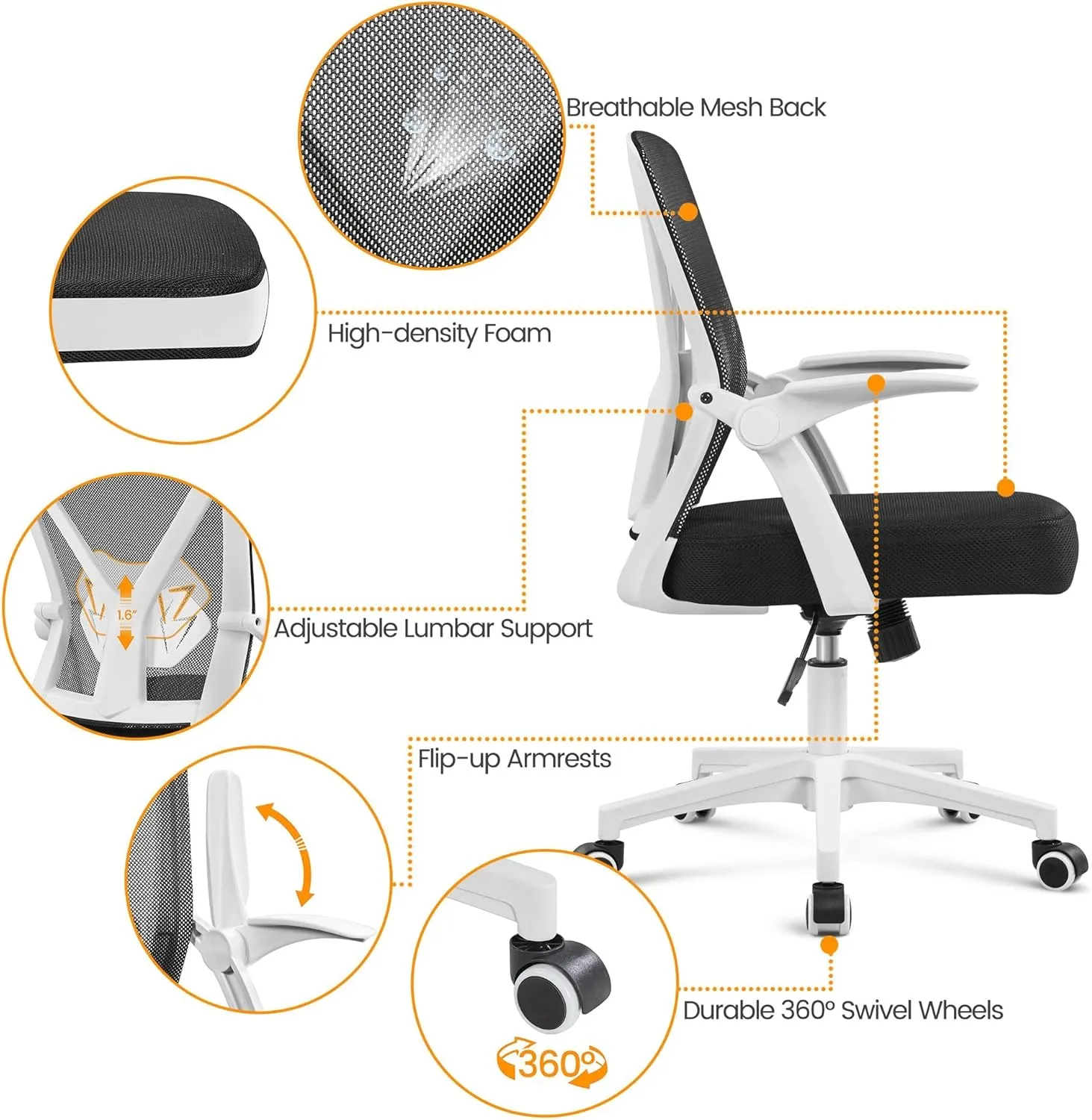Yaheetech Ergonomic Office Chair Adjustable Mesh Computer Desk Chair with Flip-up Armrests Lumbar Support for Home Office White