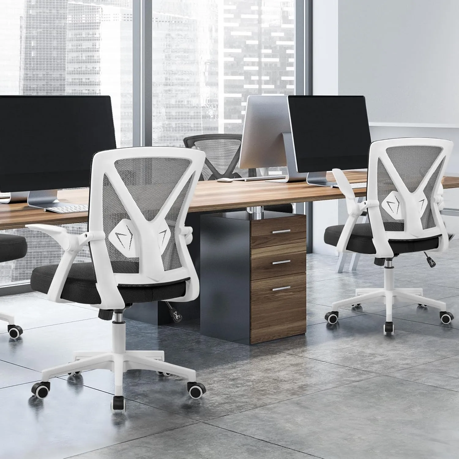 Yaheetech Ergonomic Office Chair Adjustable Mesh Computer Desk Chair with Flip-up Armrests Lumbar Support for Home Office White