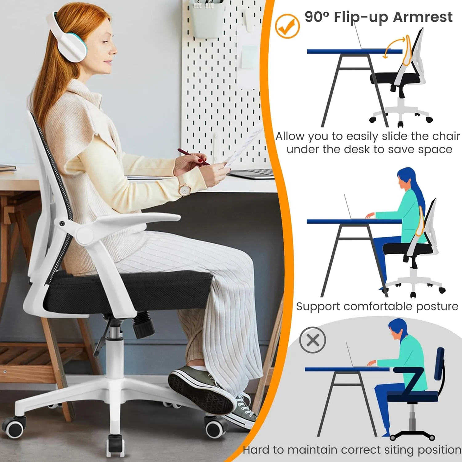 Yaheetech Ergonomic Office Chair Adjustable Mesh Computer Desk Chair with Flip-up Armrests Lumbar Support for Home Office White