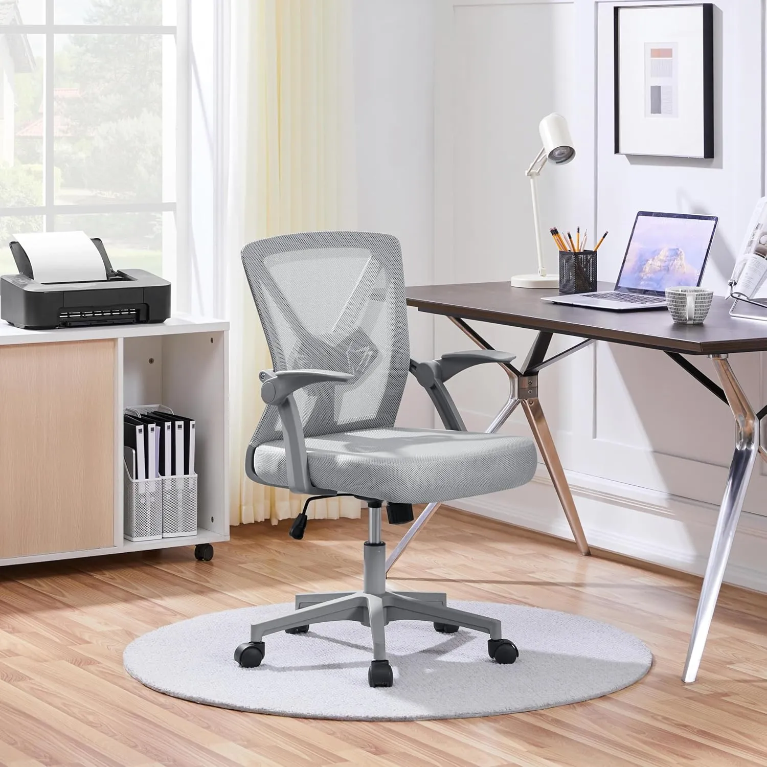 Yaheetech Mesh Office Chair Ergonomic Swivel Computer Chair with Flip-up Arms Adjustable Height Lumbar Support for Home Office Study Meeting, Gray