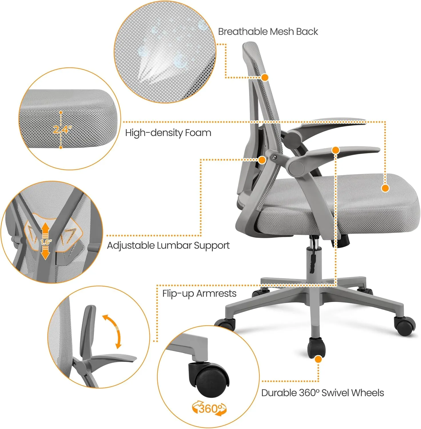 Yaheetech Mesh Office Chair Ergonomic Swivel Computer Chair with Flip-up Arms Adjustable Height Lumbar Support for Home Office Study Meeting, Gray