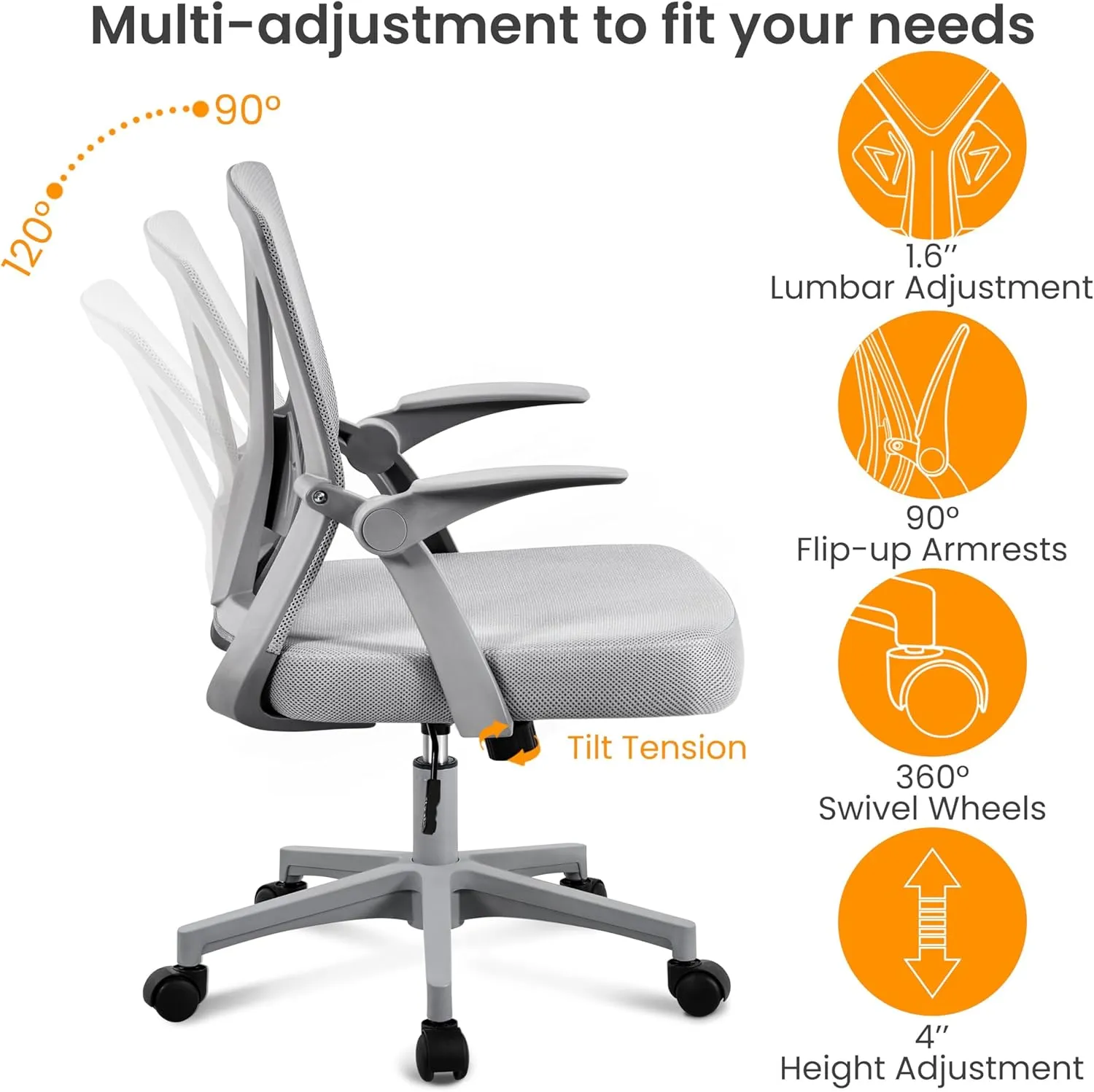 Yaheetech Mesh Office Chair Ergonomic Swivel Computer Chair with Flip-up Arms Adjustable Height Lumbar Support for Home Office Study Meeting, Gray