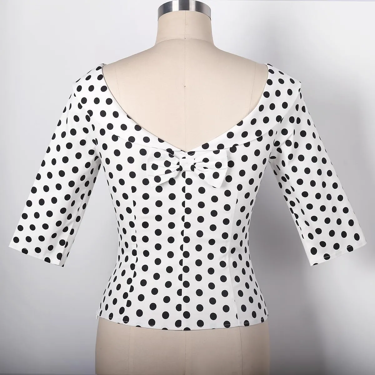 YARN & INK Women's 1950s Vintage Pinup Tops, Back Bow Tie Cute Rockabilly Elegant Shirt, Medium Sleeves Blouse