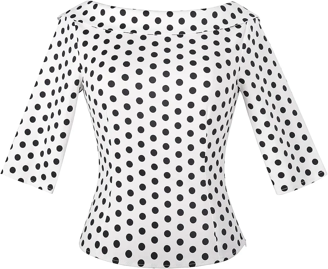 YARN & INK Women's 1950s Vintage Pinup Tops, Back Bow Tie Cute Rockabilly Elegant Shirt, Medium Sleeves Blouse