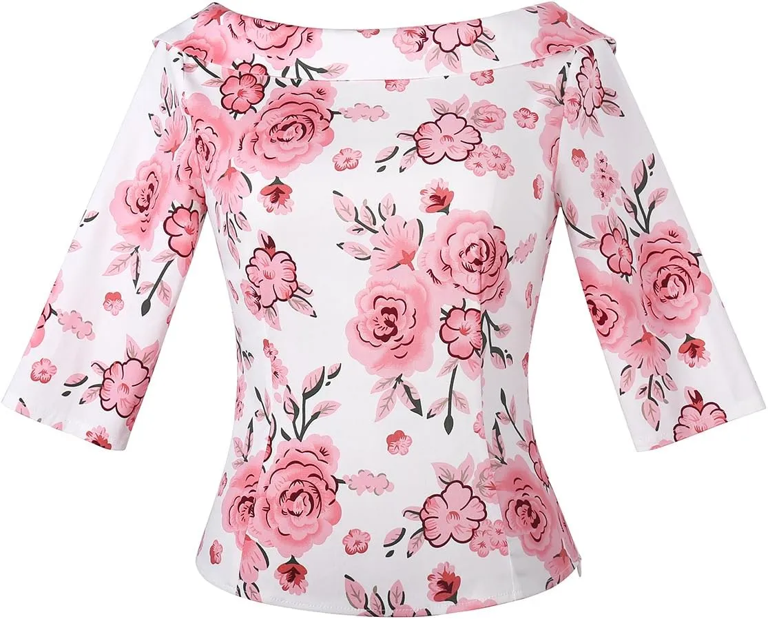 YARN & INK Women's 1950s Vintage Pinup Tops, Back Bow Tie Cute Rockabilly Elegant Shirt, Medium Sleeves Blouse