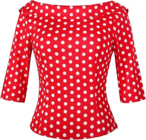 YARN & INK Women's 1950s Vintage Pinup Tops, Back Bow Tie Cute Rockabilly Elegant Shirt, Medium Sleeves Blouse