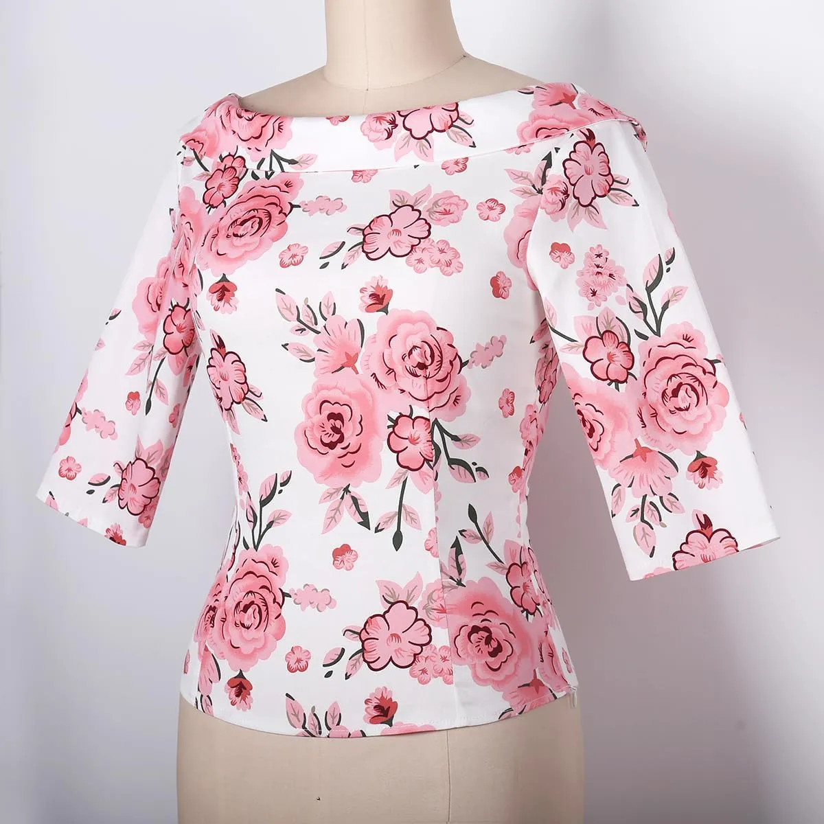 YARN & INK Women's 1950s Vintage Pinup Tops, Back Bow Tie Cute Rockabilly Elegant Shirt, Medium Sleeves Blouse