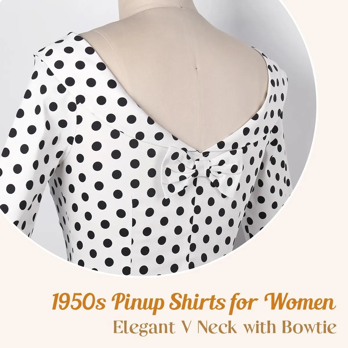 YARN & INK Women's 1950s Vintage Pinup Tops, Back Bow Tie Cute Rockabilly Elegant Shirt, Medium Sleeves Blouse