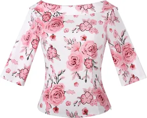 YARN & INK Women's 1950s Vintage Pinup Tops, Back Bow Tie Cute Rockabilly Elegant Shirt, Medium Sleeves Blouse
