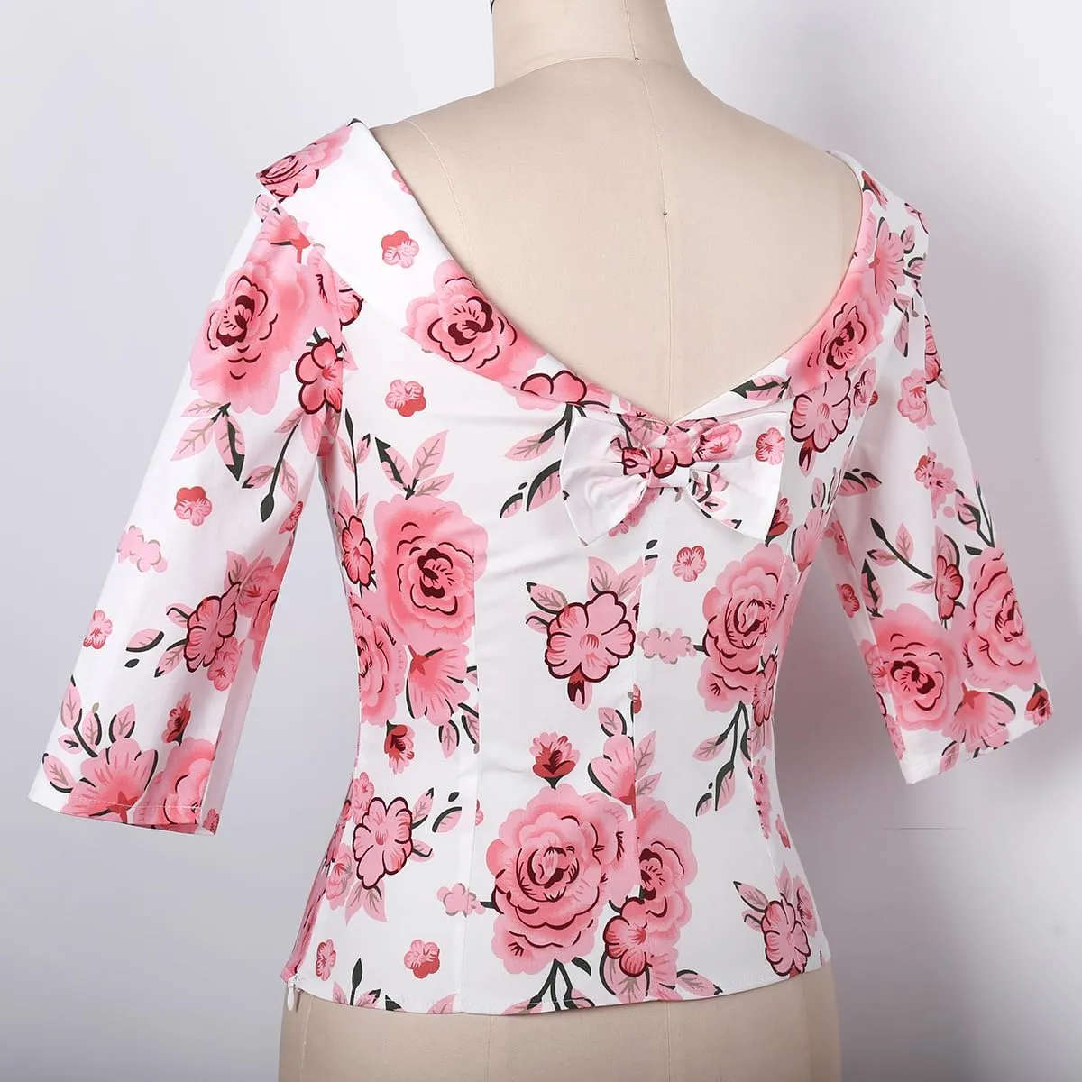 YARN & INK Women's 1950s Vintage Pinup Tops, Back Bow Tie Cute Rockabilly Elegant Shirt, Medium Sleeves Blouse